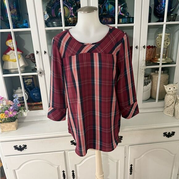 Van Heusen Plaid Blouse 3/4 Sleeve Relaxed Fit Sz XS - Picture 2 of 9